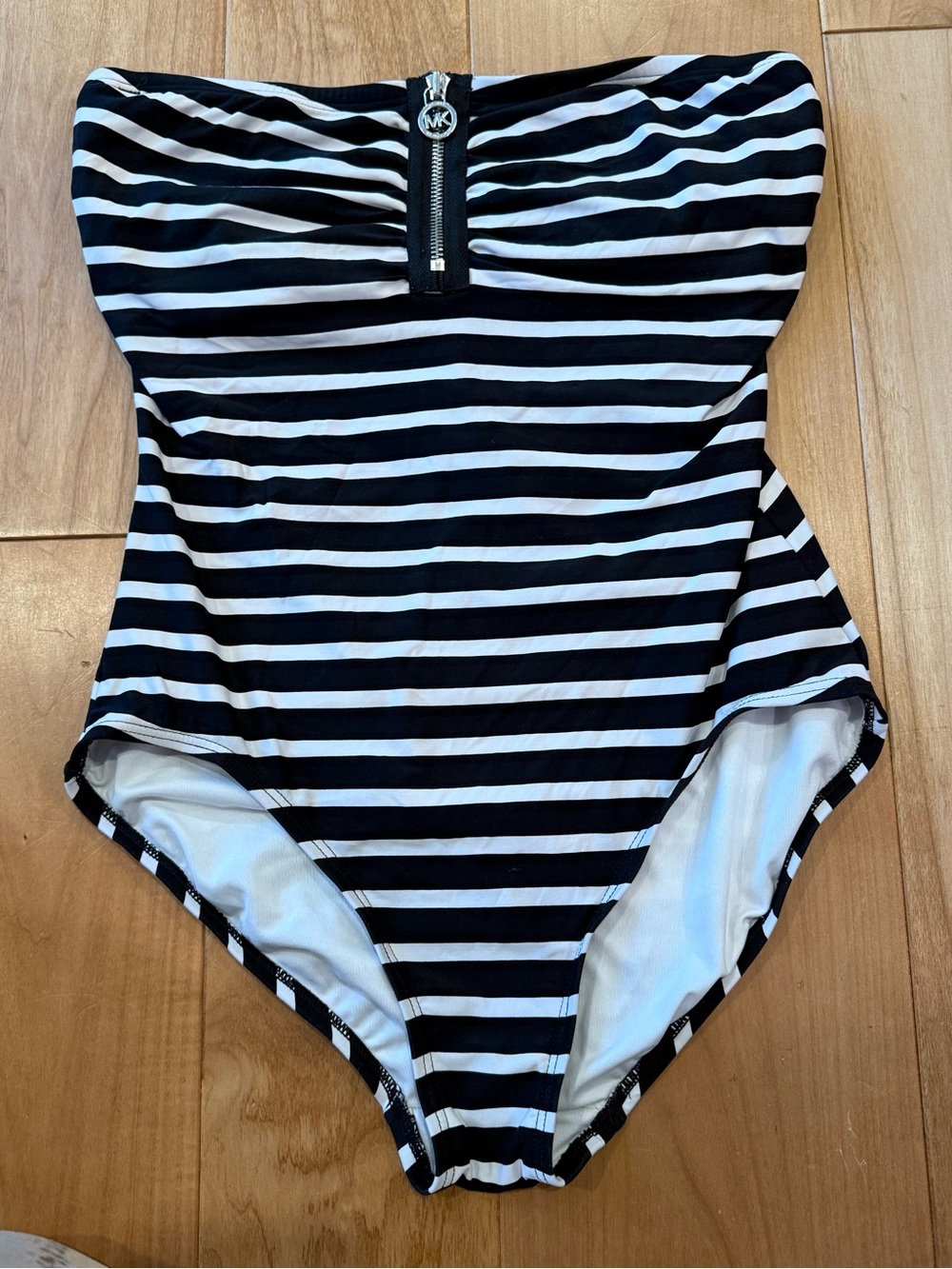 MICHAEL Michael Kors Black and White Strapless Zip-Front One-Piece Swimsuit
